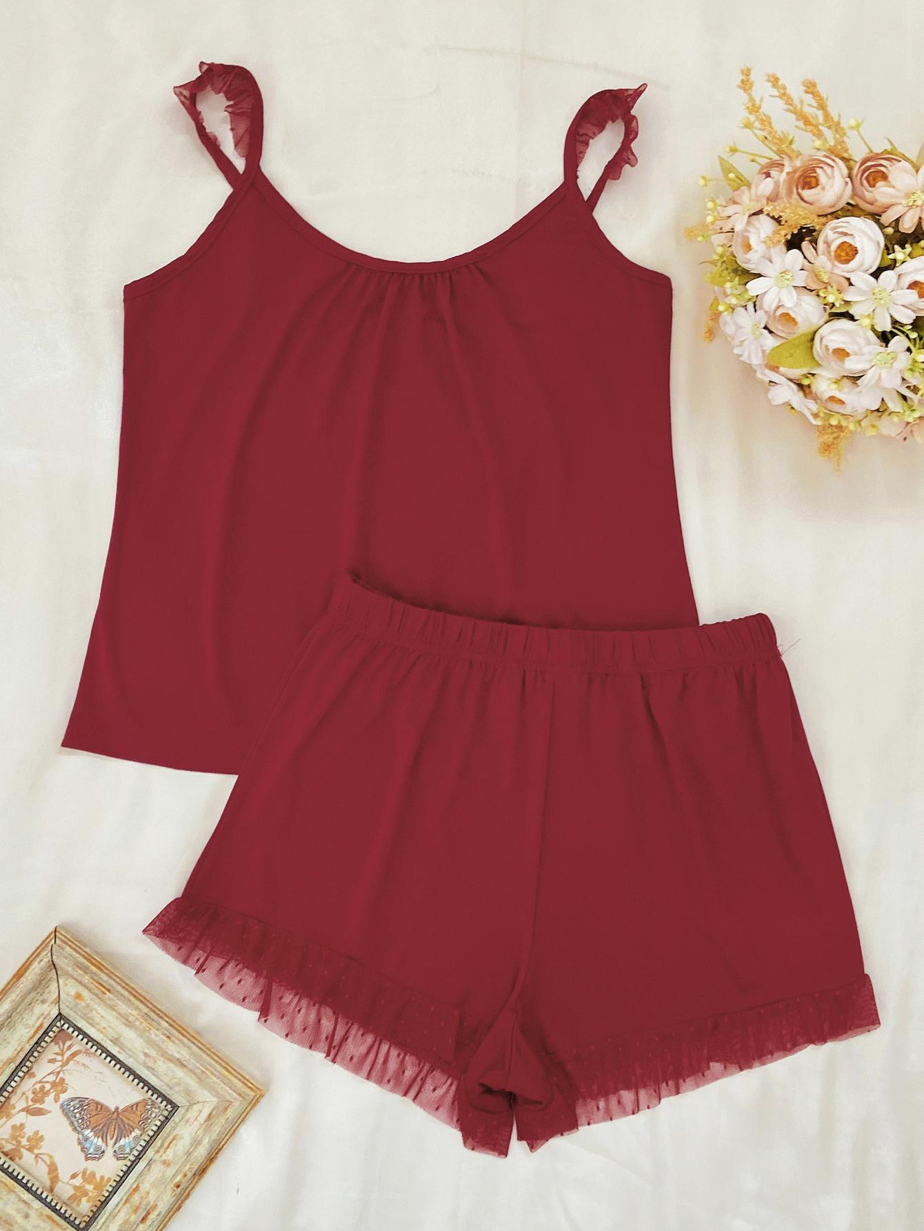 Gathered Detail Spliced Mesh Sleeveless Top and Shorts Lounge Set nicholesgifts