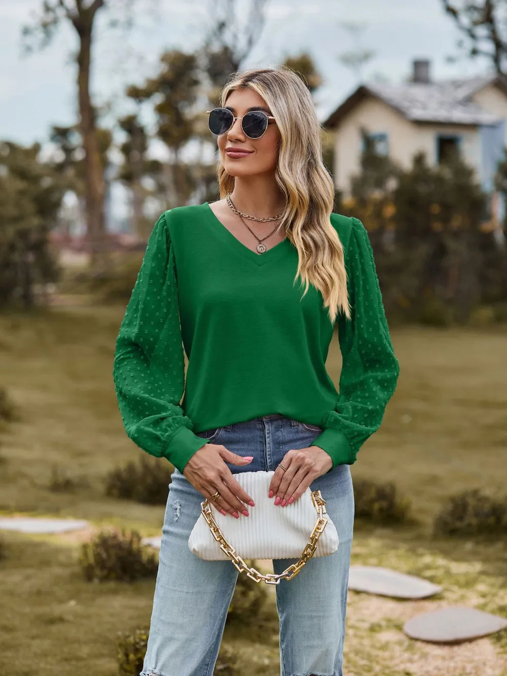 Swiss Dot V-Neck Long Sleeve Blouse NicholesGifts
