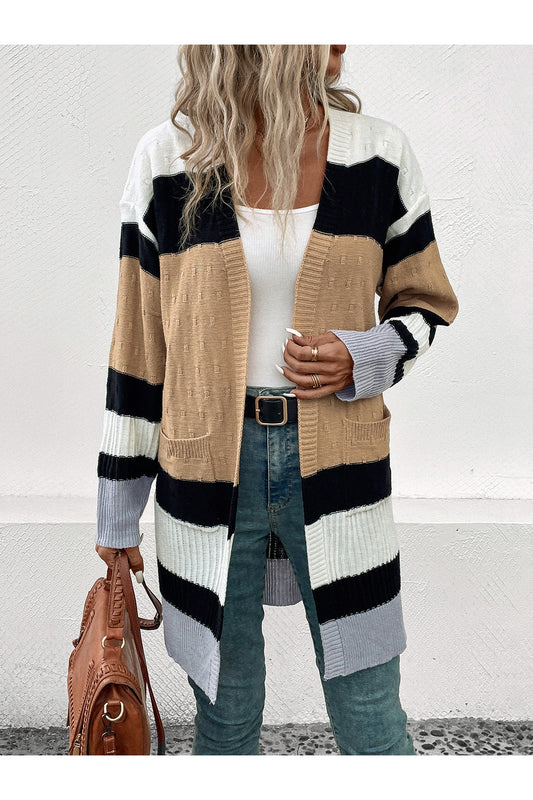 Women Color Block Open Front Drop Shoulder Camel Colored Cardigan Sweater