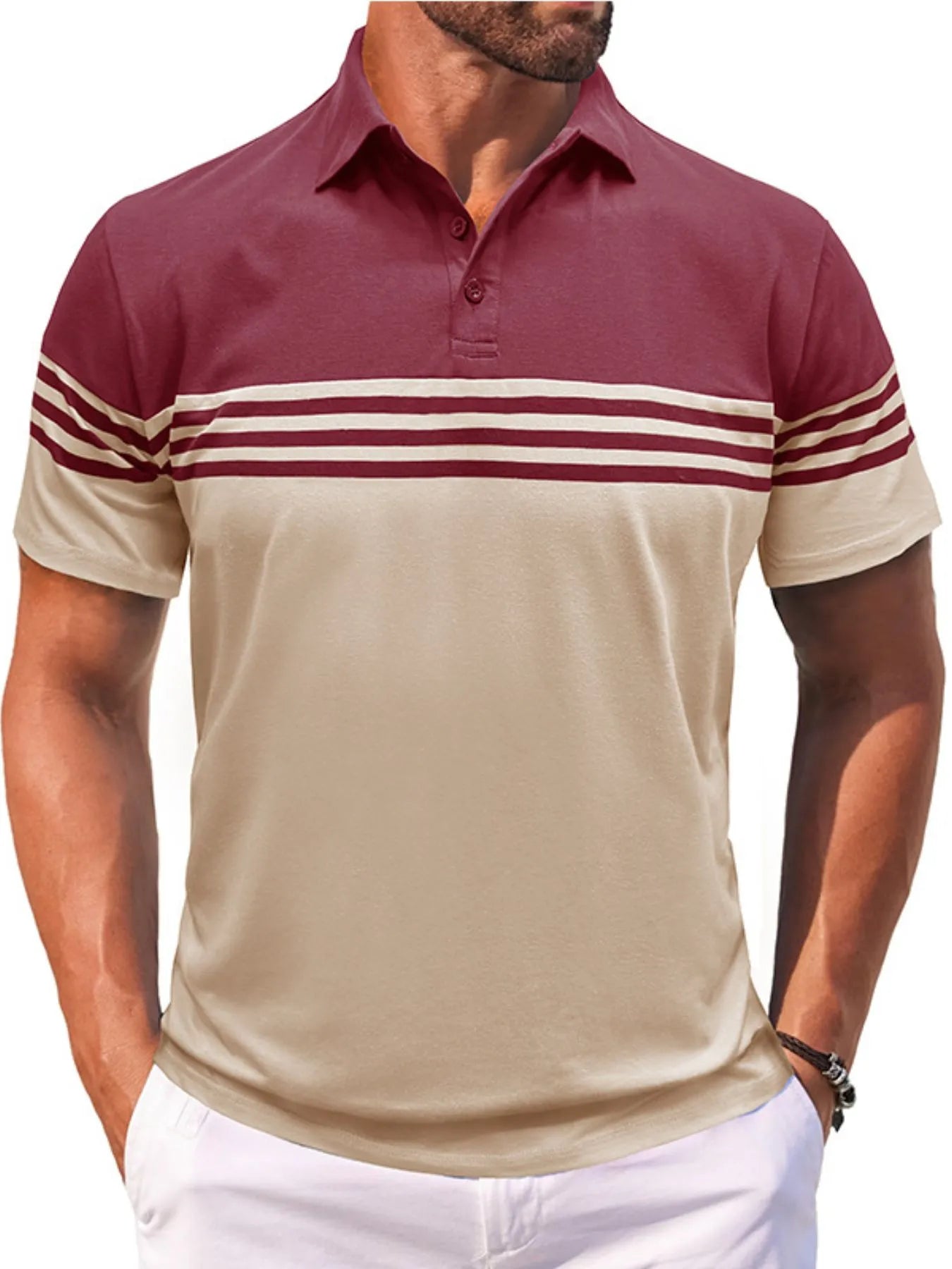 Men's Full Size Color Block Striped Polo Shirt Plus Size NicholesGifts