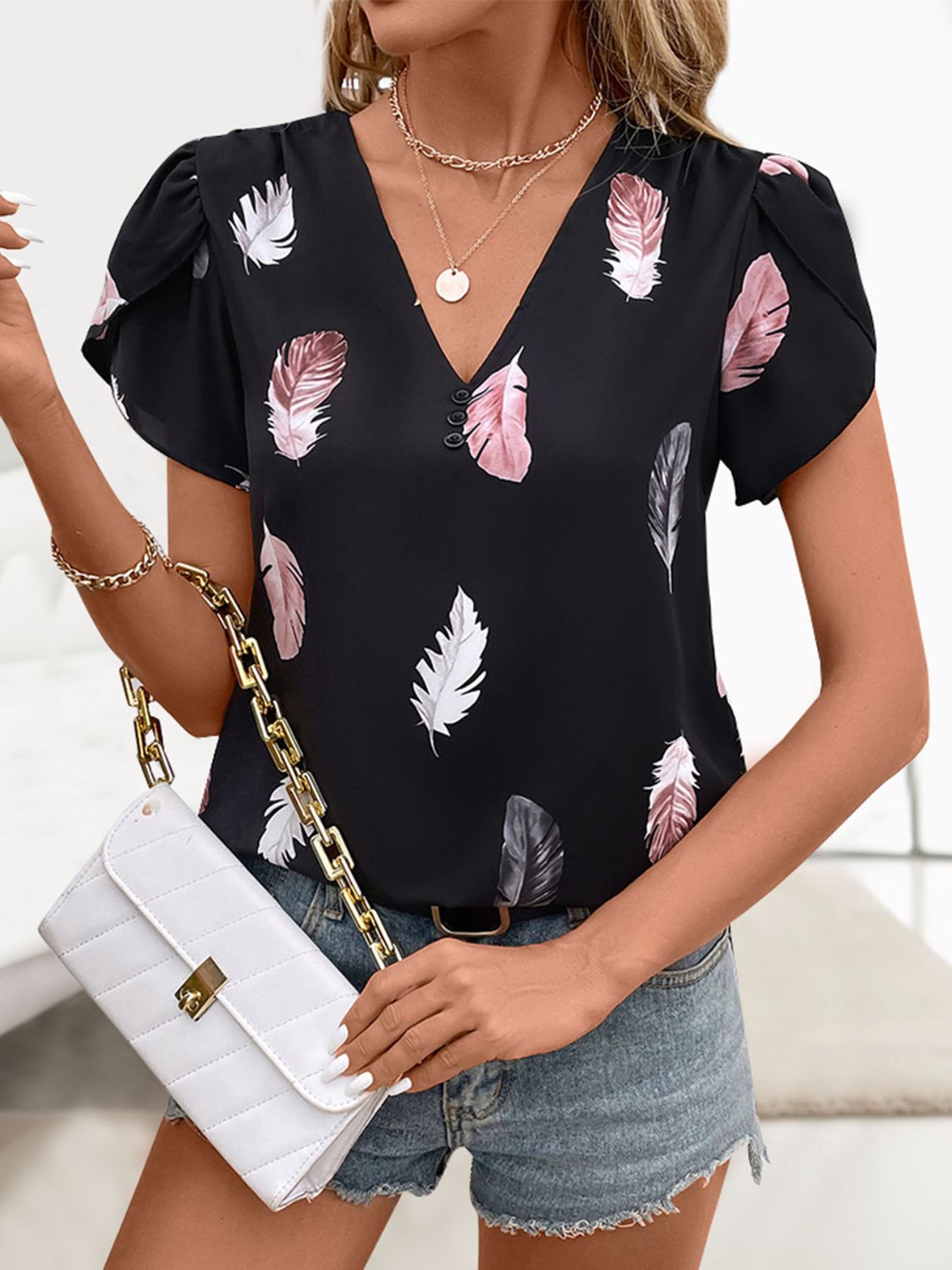 Printed V-Neck Short Sleeve Blouse nicholesgifts