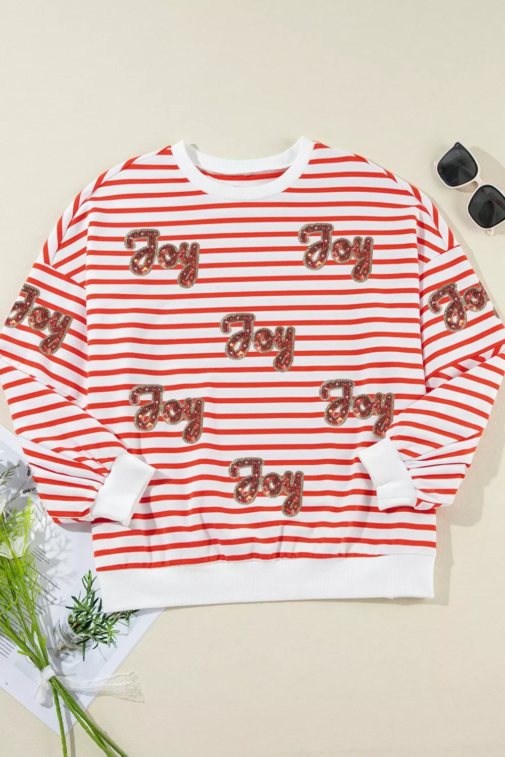 Stripe Sequined Joy Pattern Patchwork Sleeve Round Neck Sweatshirt nicholesgifts