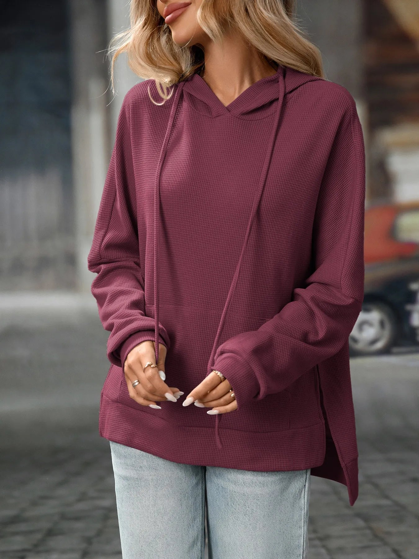 Textured Drawstring Long Sleeve Hoodie