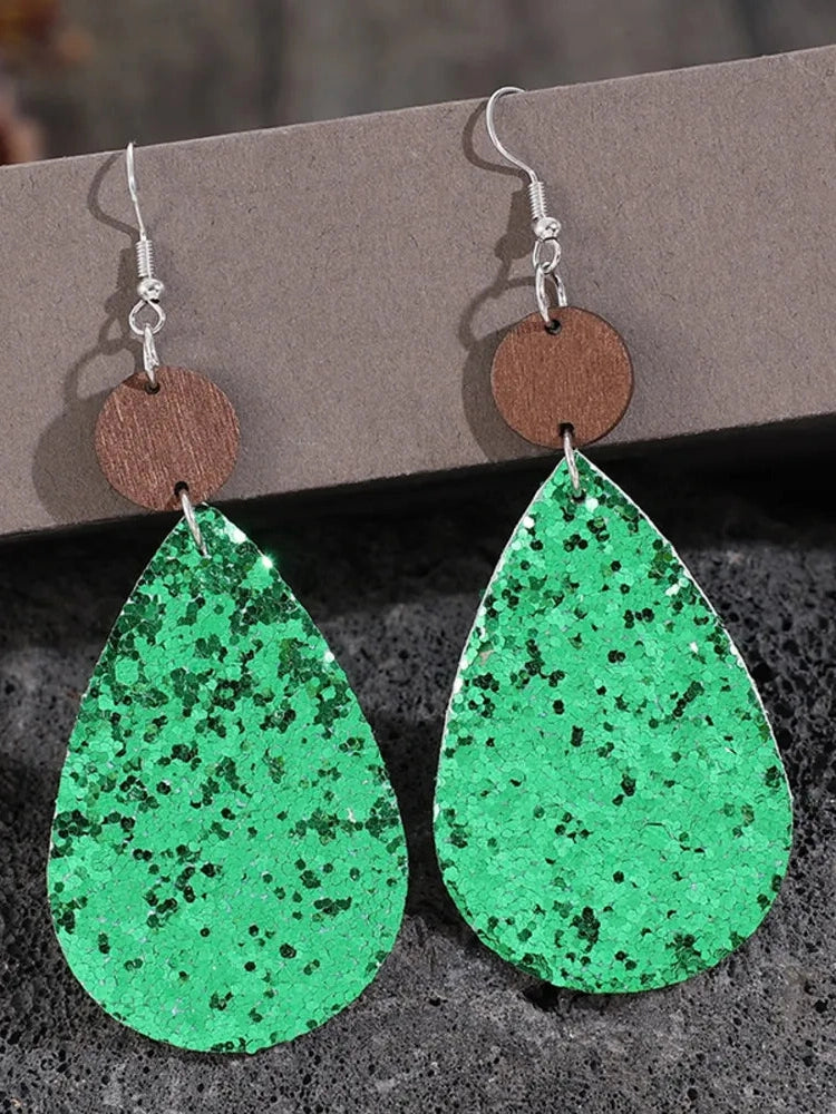 Sequin PU Leather Wooden Dangle Earrings nicholesgifts