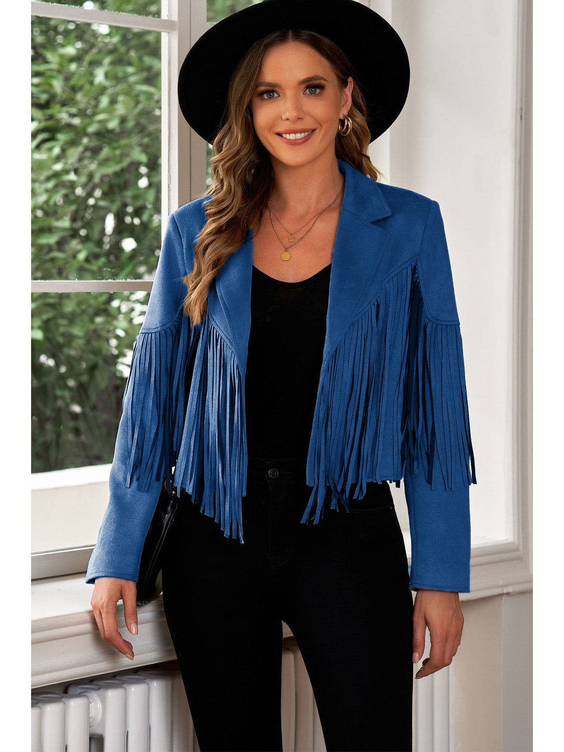 Fringe Trim Lapel Collar Cropped Blazer NicholesGifts