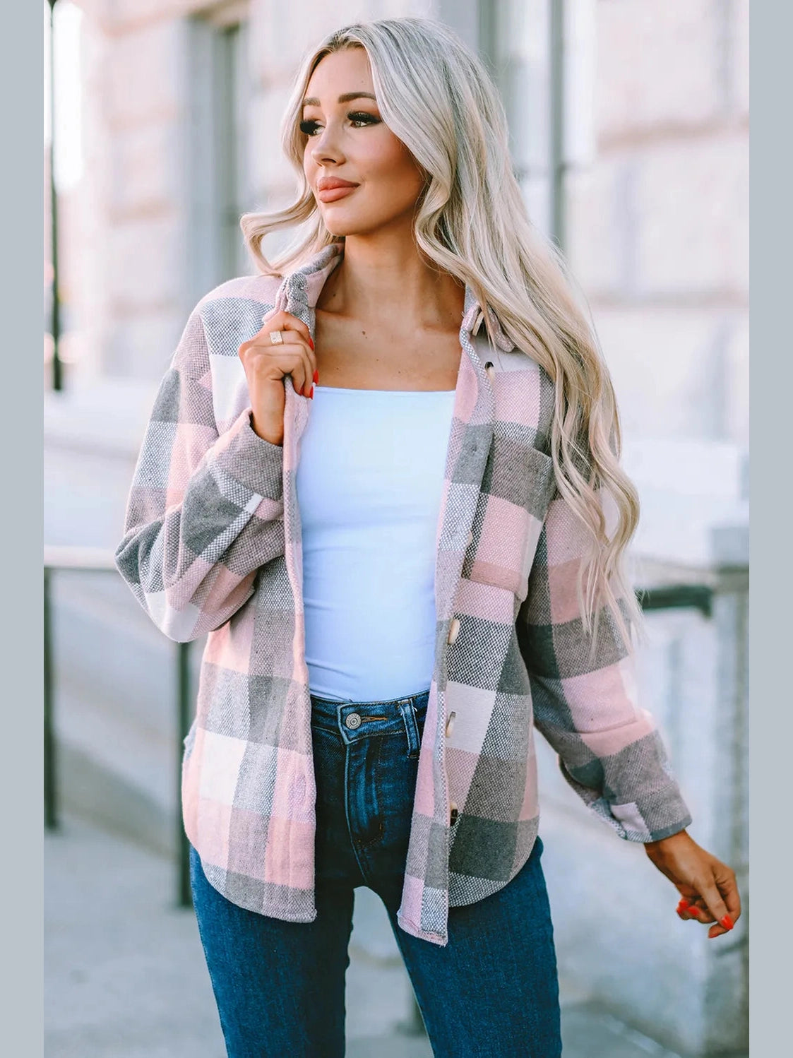 Plaid Button Up Dropped Shoulder Jacket nicholesgifts