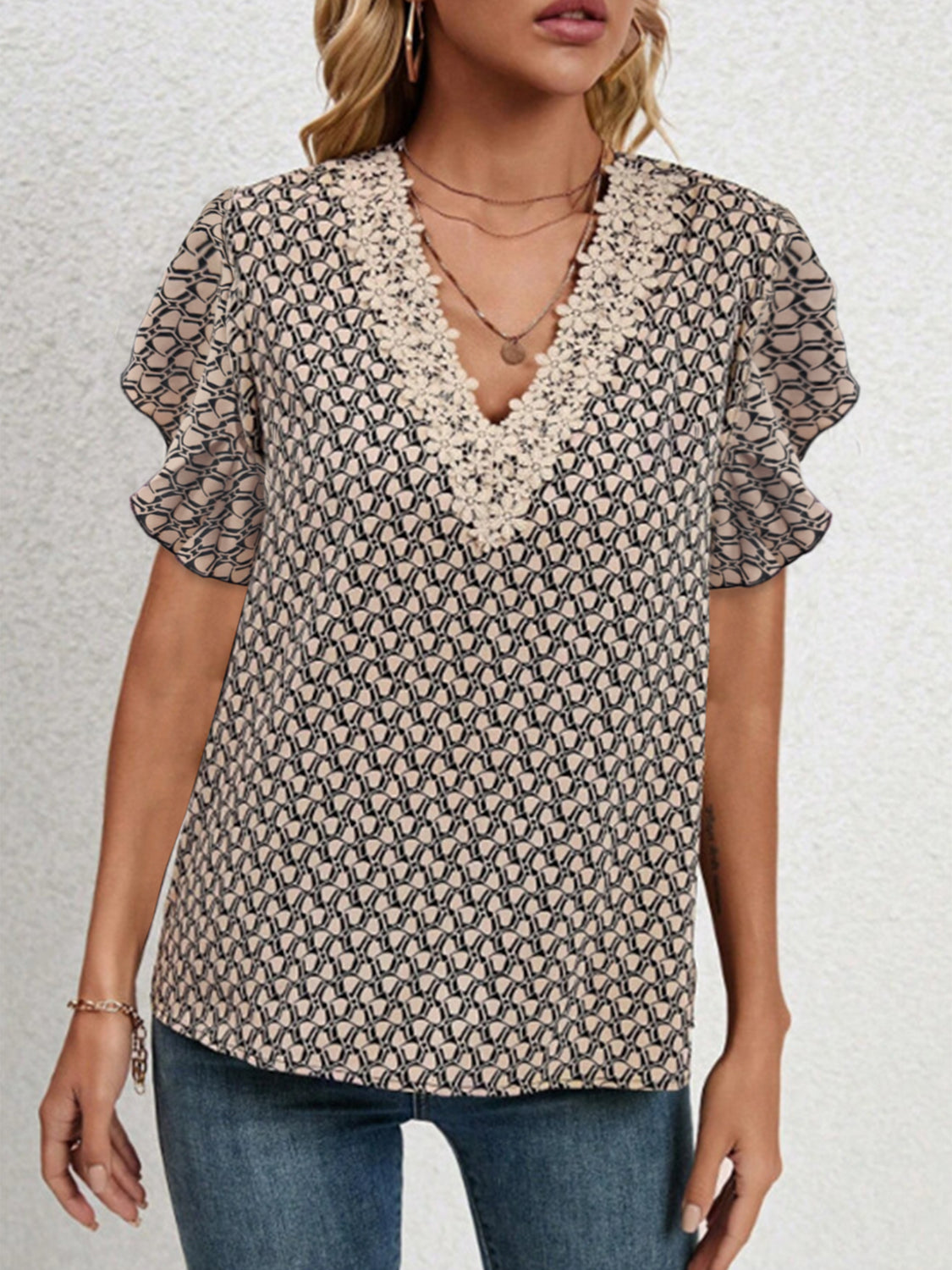 Lace Detail Printed V-Neck Flounce Sleeve Blouse nicholesgifts