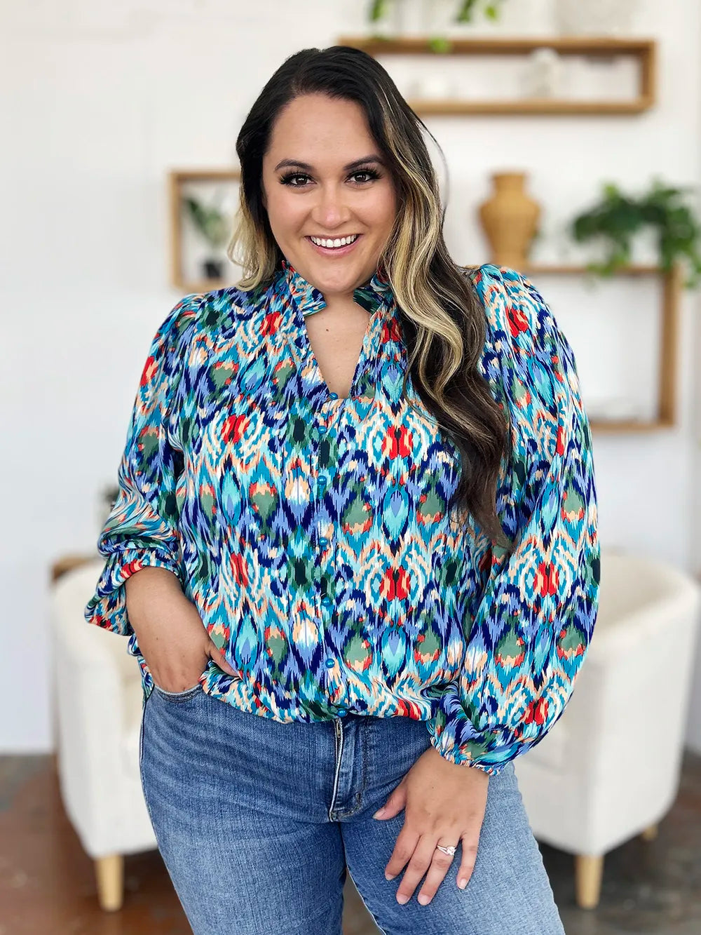 Double Take Full Size Printed Balloon Sleeve Blouse nicholesgifts