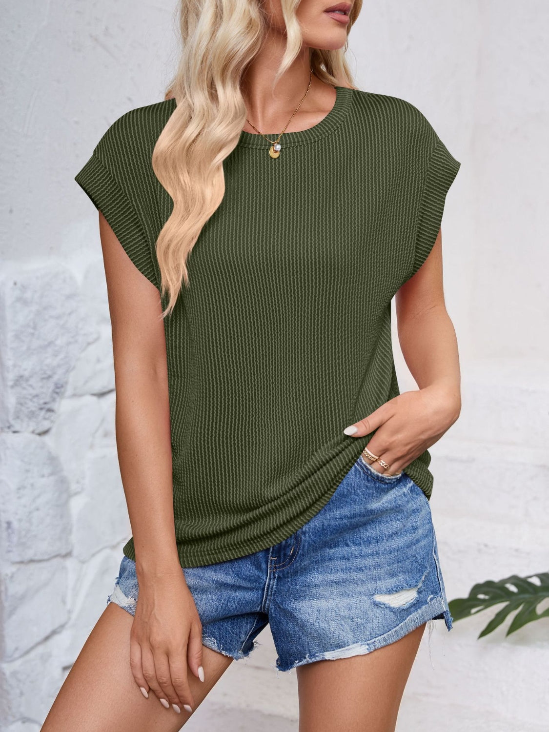 Textured Round Neck Cap Sleeve Blouse nicholesgifts