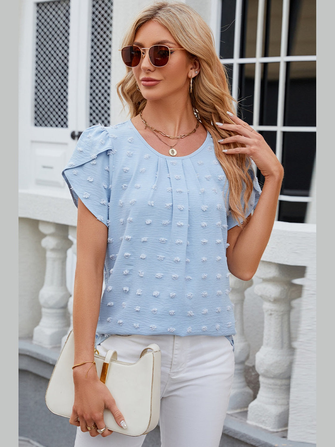 Swiss Dot Round Neck Petal Sleeve Blouse nicholesgifts