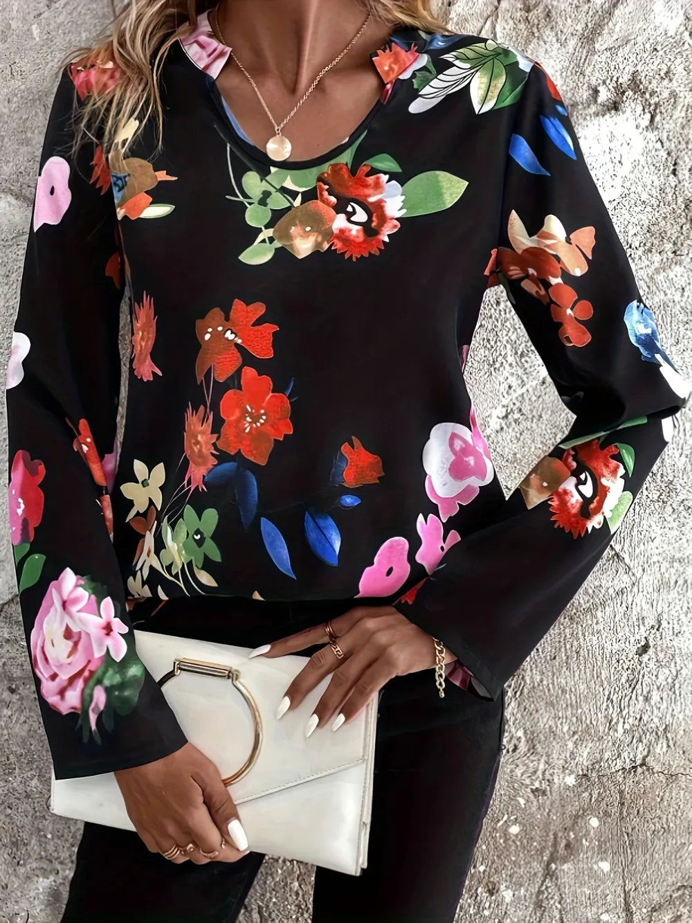 Printed Notched Long Sleeve Blouse NicholesGifts