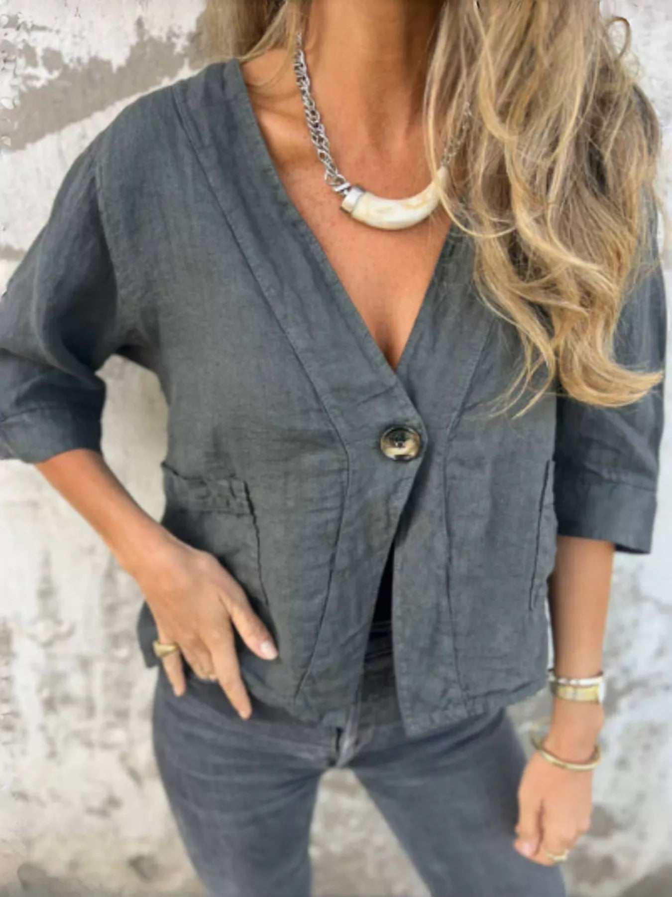Full Size One Button V-Neck Shirt Plus Size Trendsi