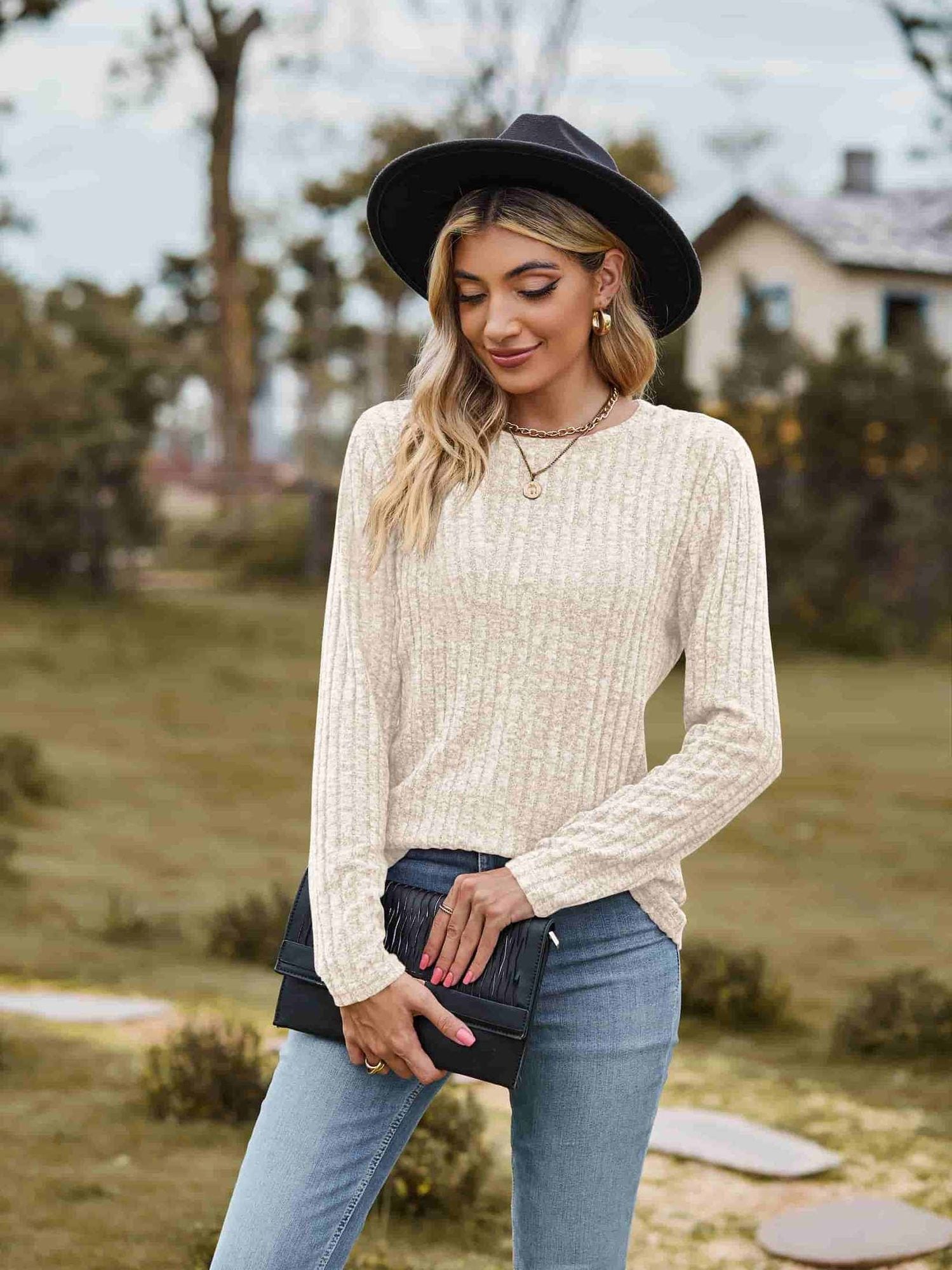 Ribbed Round Neck Long Sleeve Tee NicholesGifts