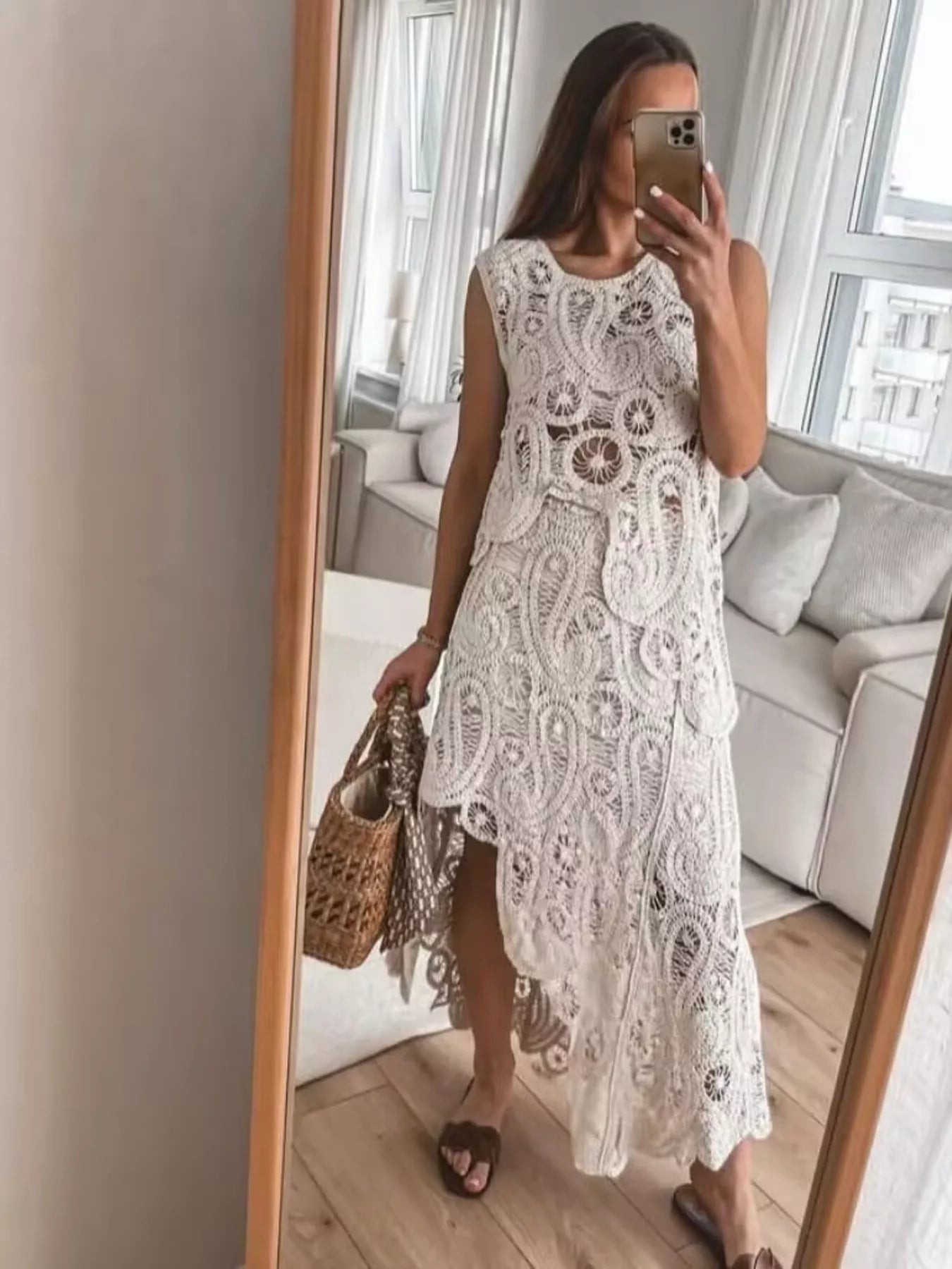 Crochet Sleeveless Tank and Skirt Set Trendsi