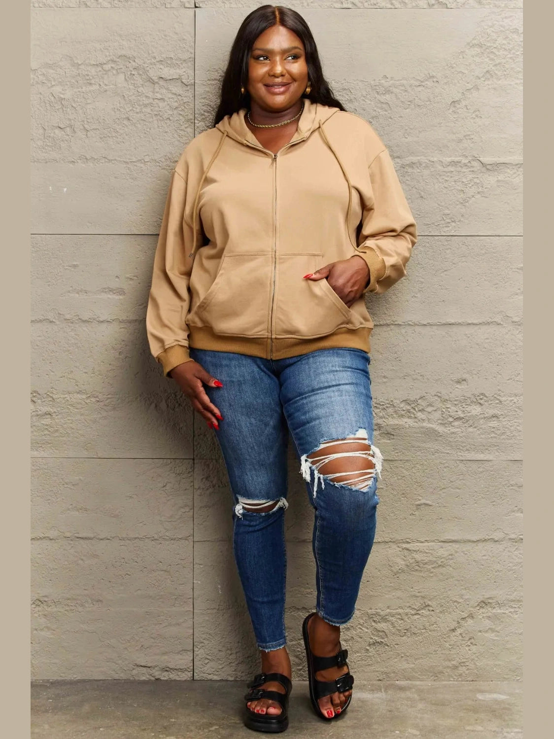 Full Size Zip Up Long Sleeve Hooded Jacket