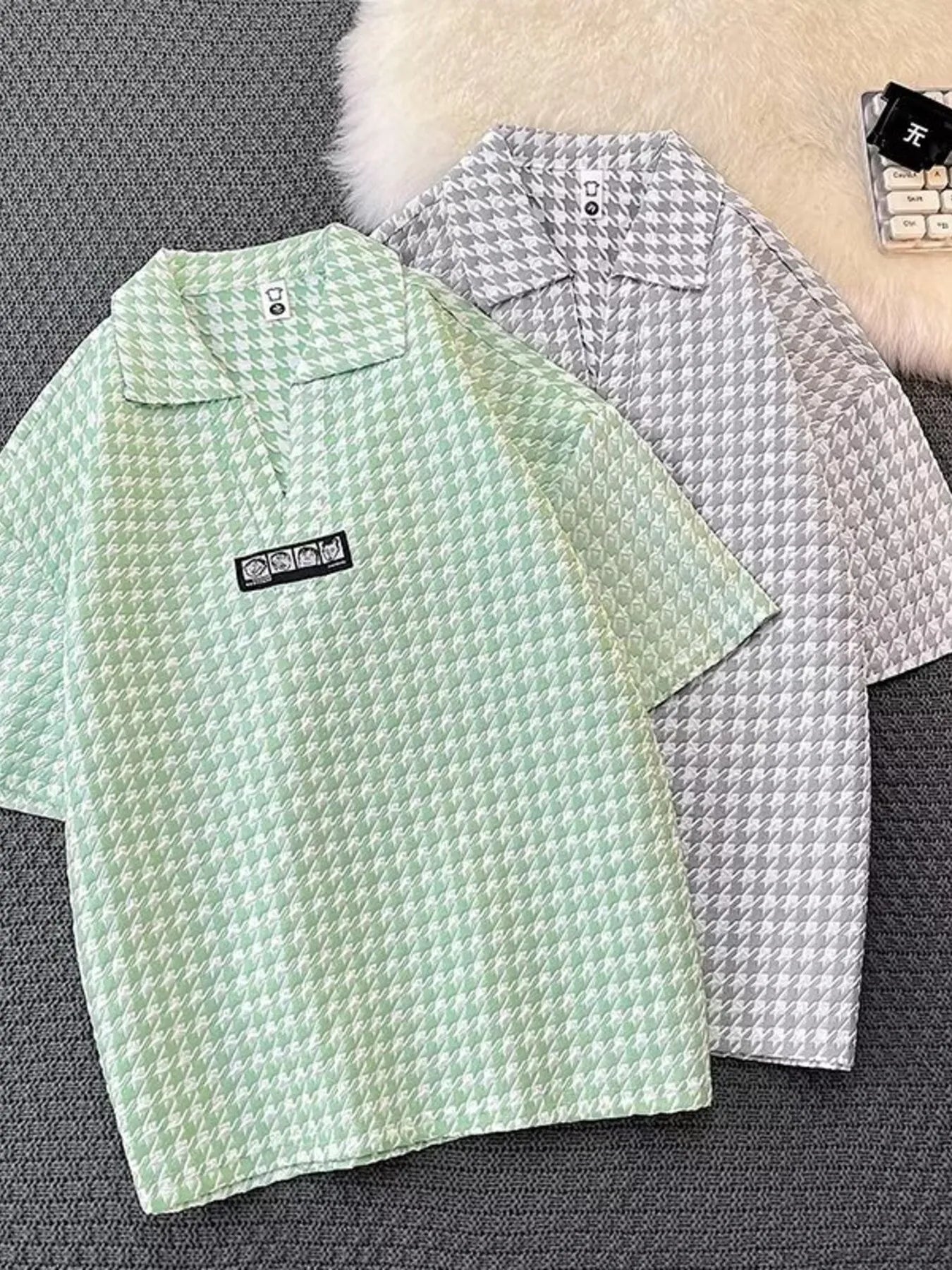 Men's Plus Size Houndstooth Pattern Short Sleeve Polo Shirt NicholesGifts