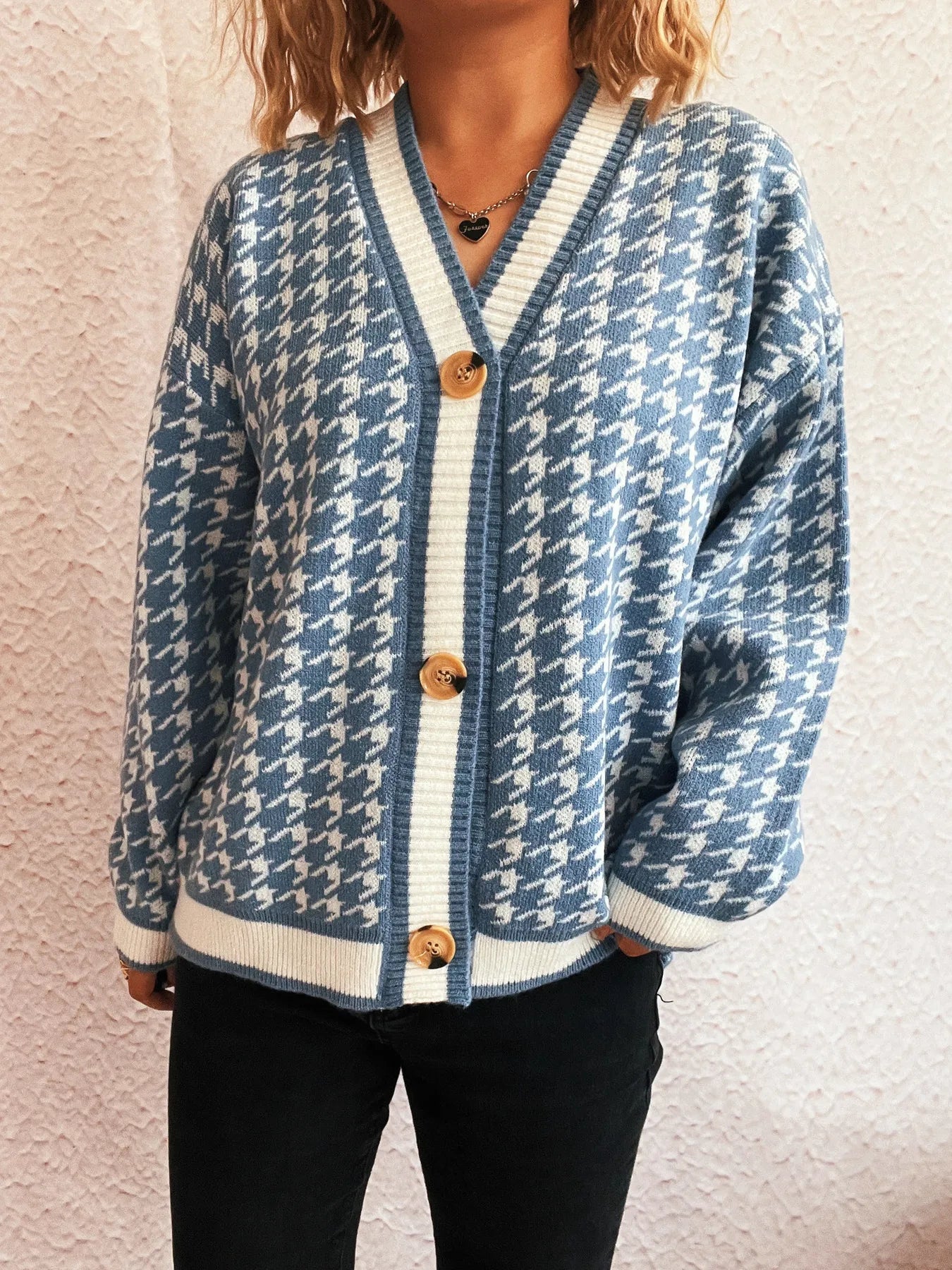 Houndstooth Pattern V-Neck Button-Up Cardigan