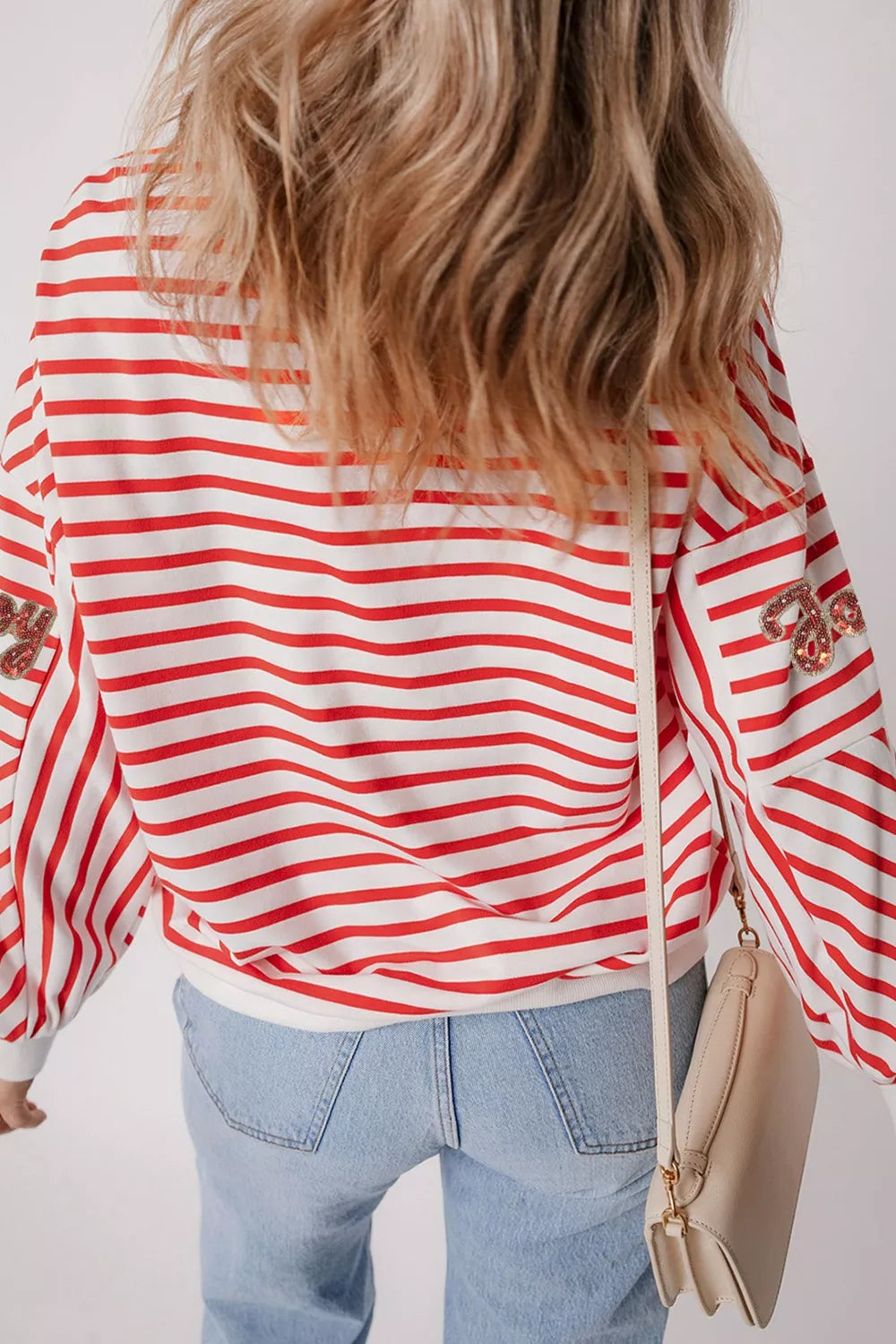 Stripe Sequined Joy Pattern Patchwork Sleeve Round Neck Sweatshirt nicholesgifts