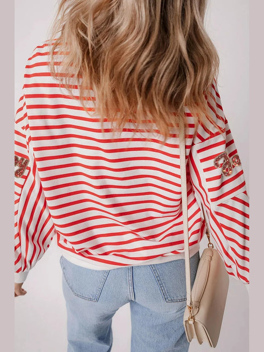 Stripe Sequined Joy Pattern Patchwork Sleeve Round Neck Sweatshirt nicholesgifts