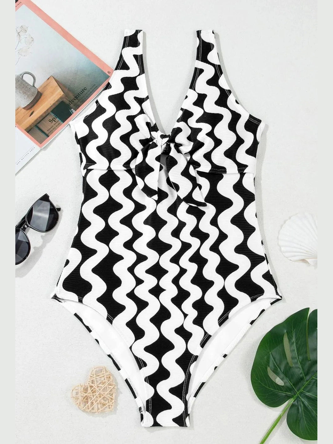 Women Tied Front Contrast Striped One-Piece Swimsuit nicholesgifts