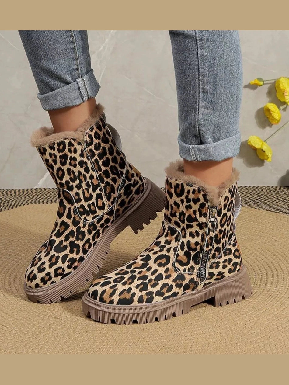 Leopard Print Fur Lined Ankle Boots Trendsi