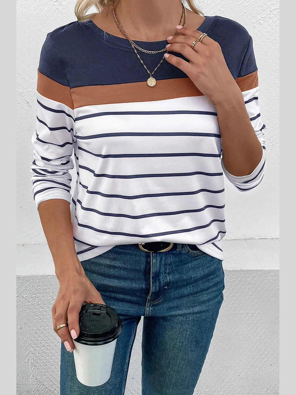 Perfee Striped Round Neck Long Sleeve T-Shirt nicholesgifts