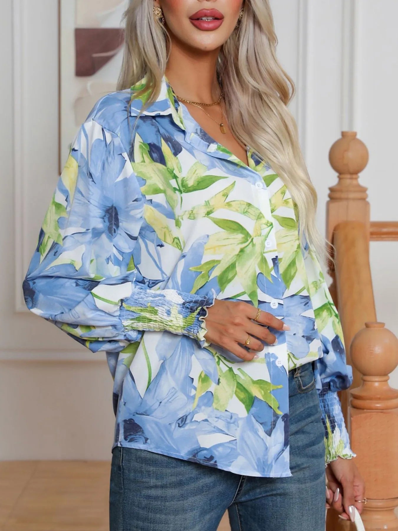 Printed Button Up Long Sleeve Shirt NicholesGifts