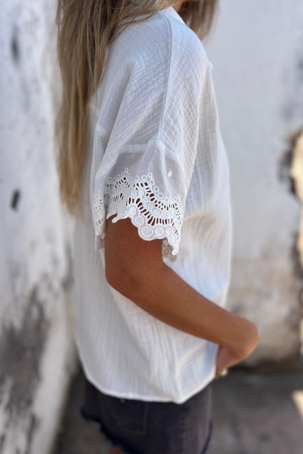 Lace Detail Collared Neck Short Sleeve Blouse nicholesgifts