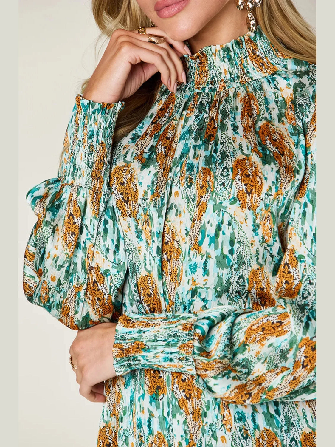 Double Take Full Size Printed Smocked Long Sleeve Blouse nicholesgifts