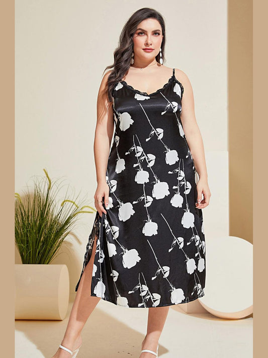 Plus Size Floral Lace Trim Side Slit Night Dress nicholesgifts