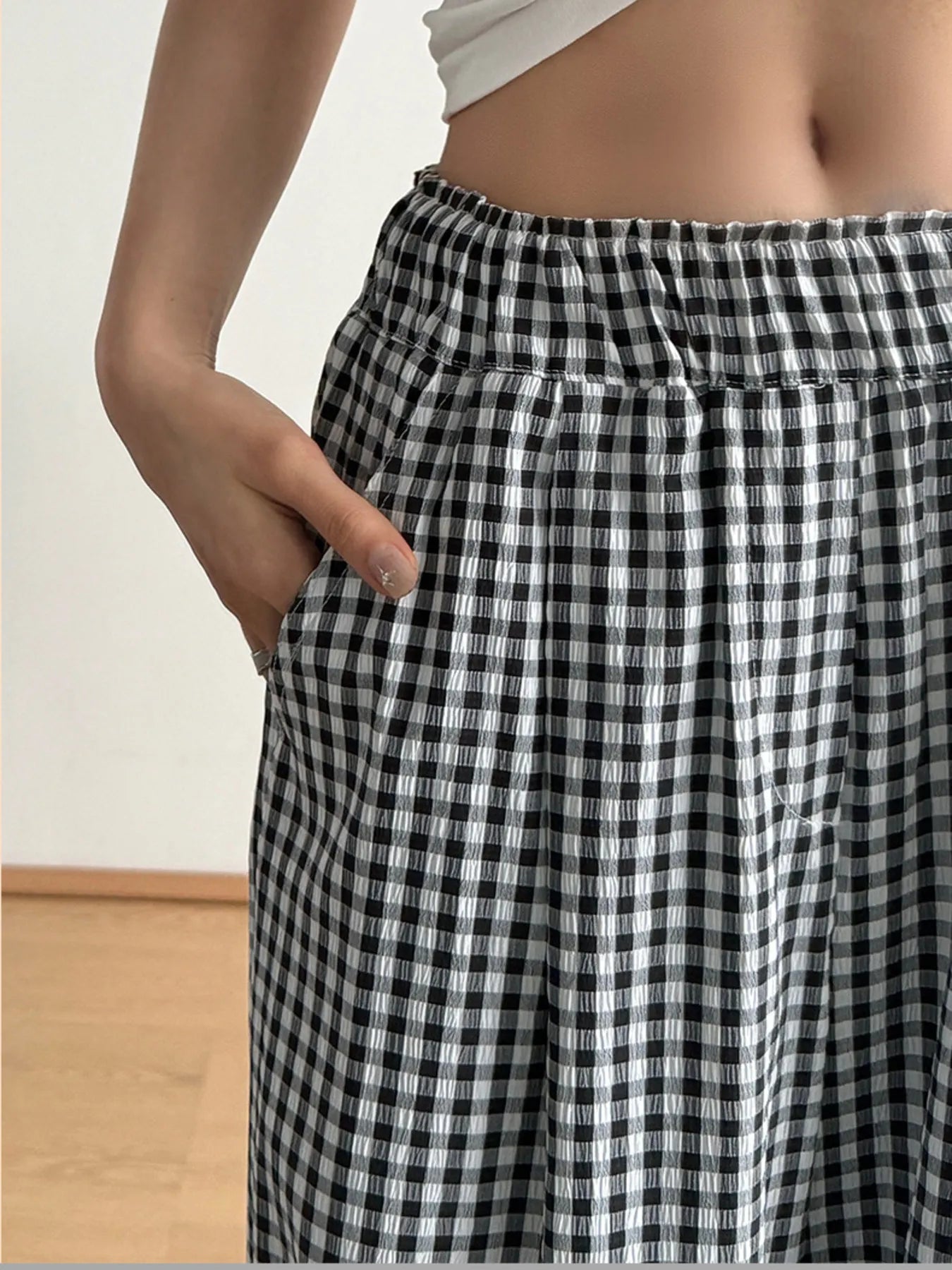 Gingham Check Wide Leg Casual Pants Trendsi