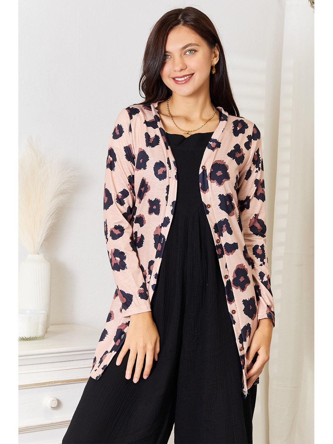 Women Double Take Leopard Printed Button Front Longline Cardigan nicholesgifts