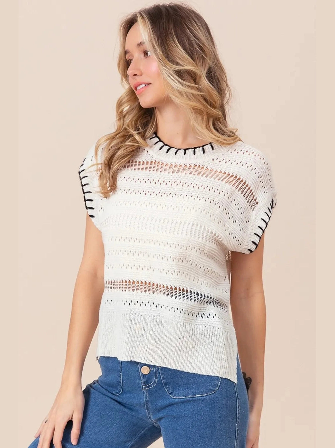 BiBi Stitch Edge Pointelle Side Slit Sweater Vest nicholesgifts