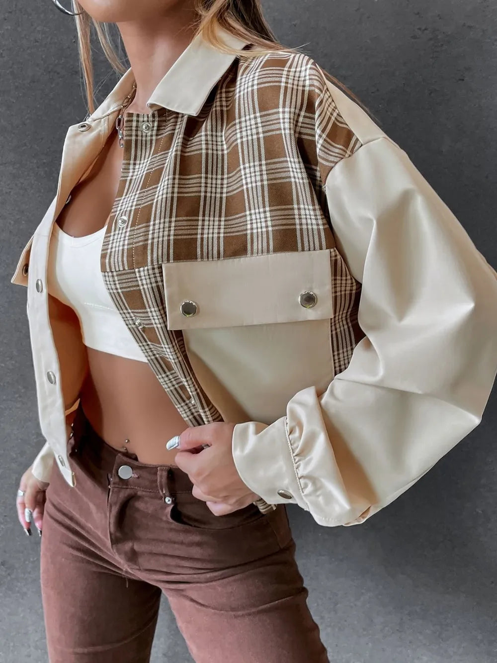Snap Down Color Block Plaid Jacket Trendsi