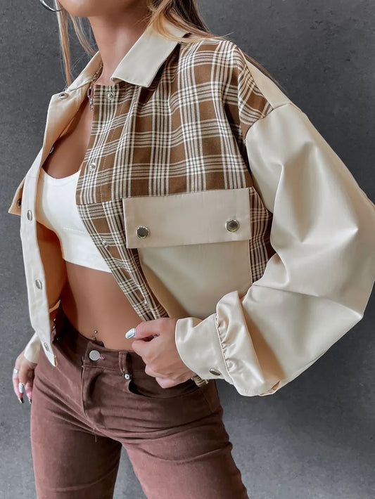 Snap Down Color Block Plaid Jacket Trendsi