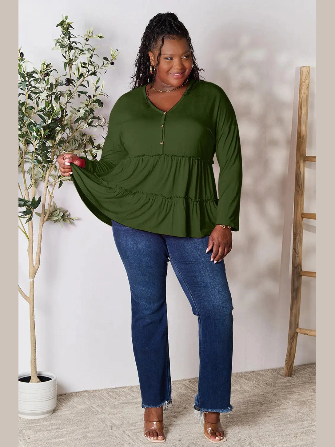 Double Take Half Button Long Sleeve Ruffle Hem Blouse nicholesgifts