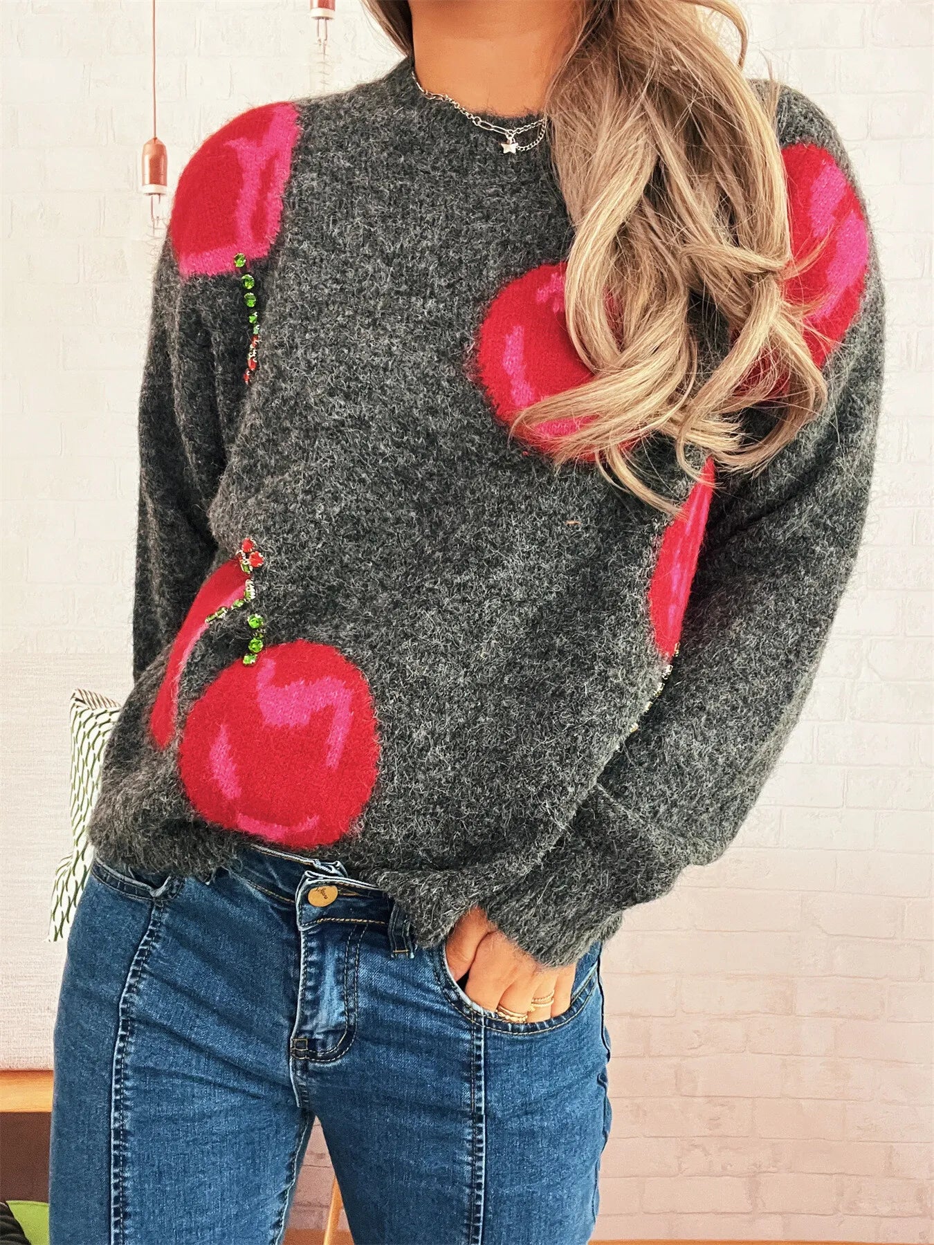 Contrast Cherry Round Neck Sweater