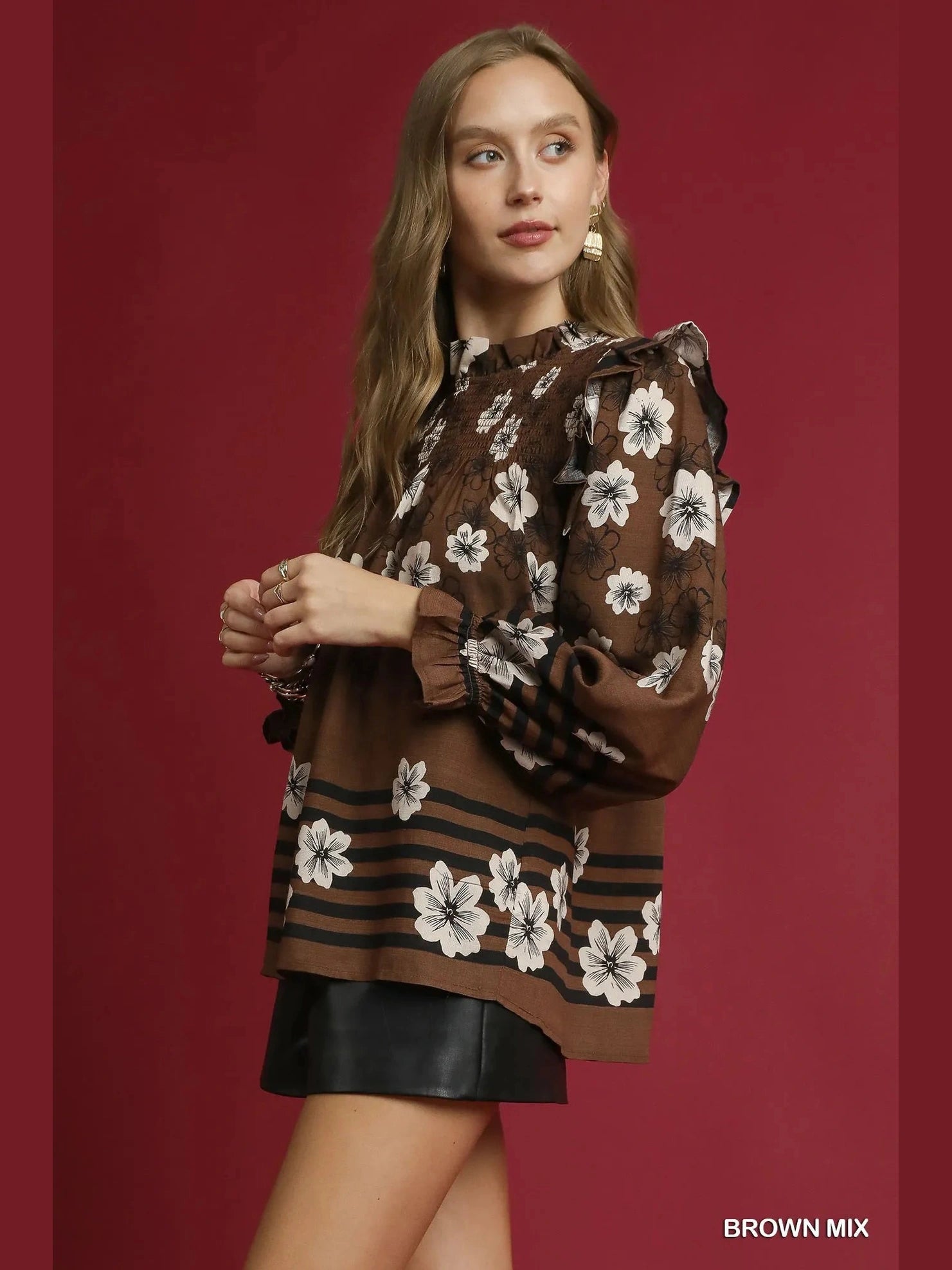 Women Umgee Full Size Mix Floral Smocked Ruffle Long Sleeve Blouse Plus Size NicholesGifts