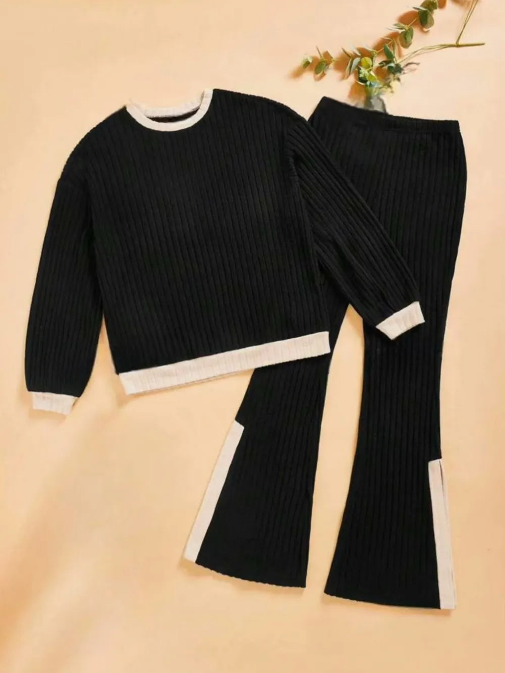 Contrast Round Neck Long Sleeve Top and Bootcut Pants Set nicholesgifts