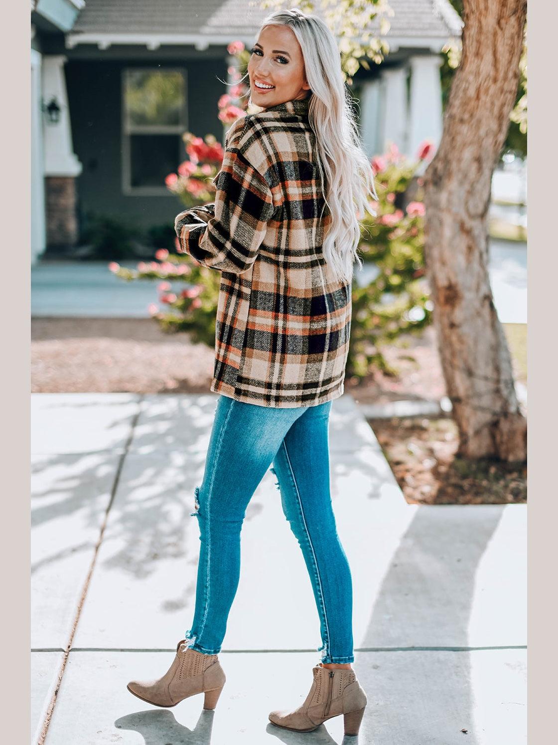 Plaid Button Front Shirt Jacket with Breast Pockets nicholesgifts