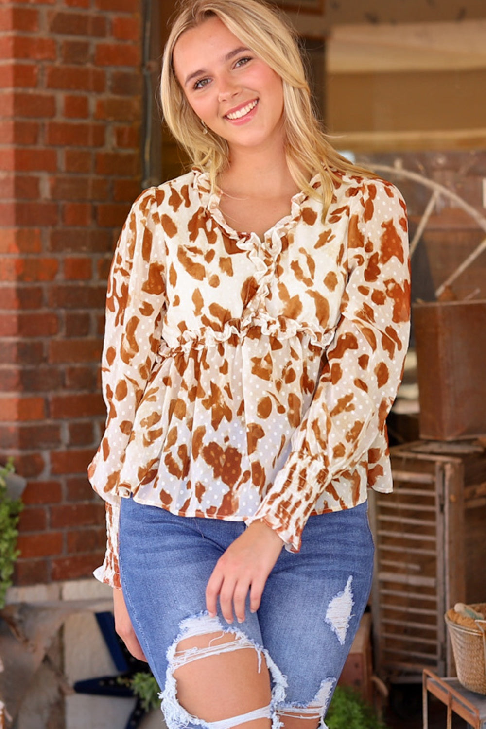 Frill Printed V-Neck Lantern Sleeve Blouse nicholesgifts