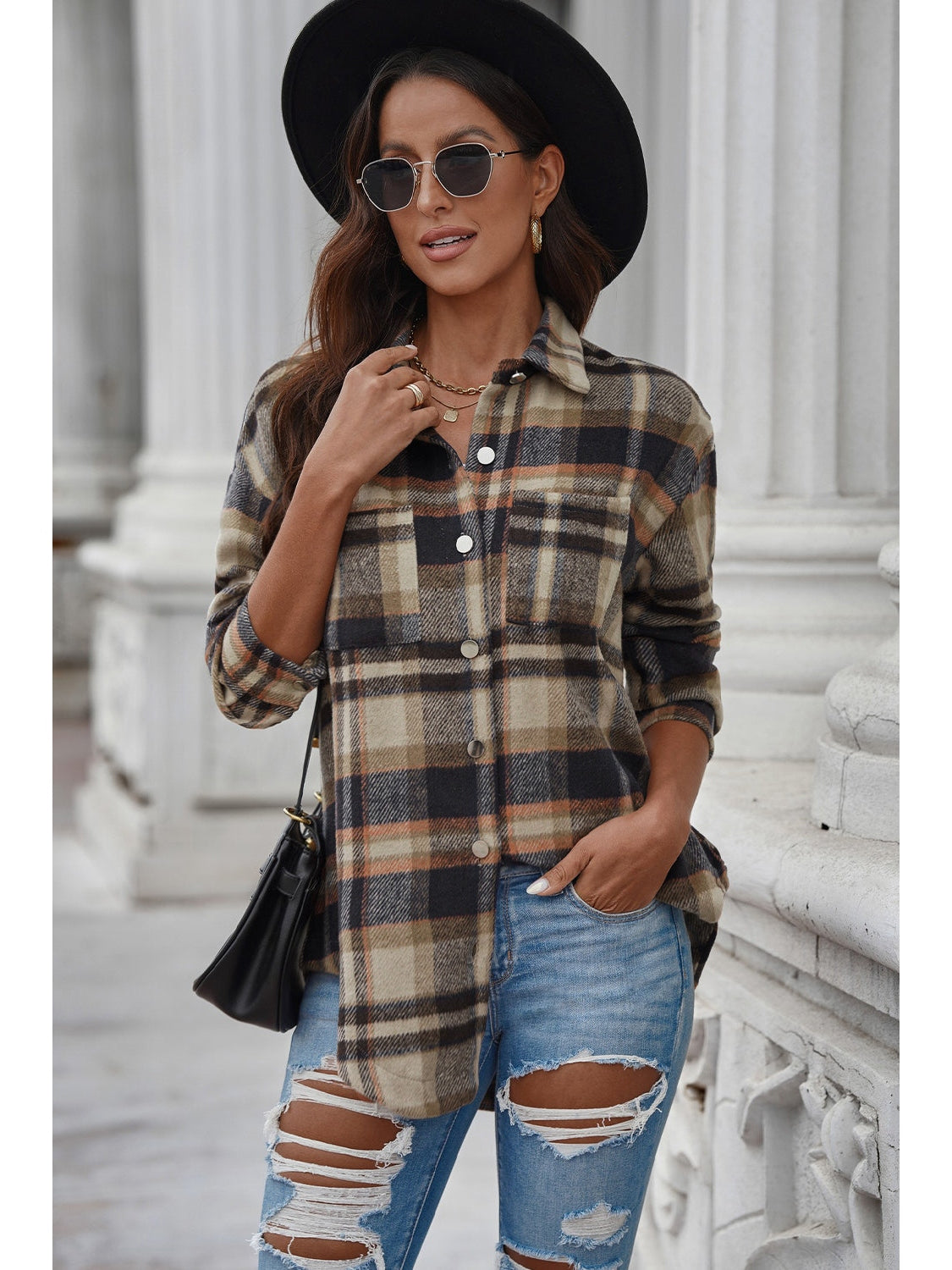 Plaid Curved Hem Dropped Shoulder Longline Shirt Jacket nicholesgifts