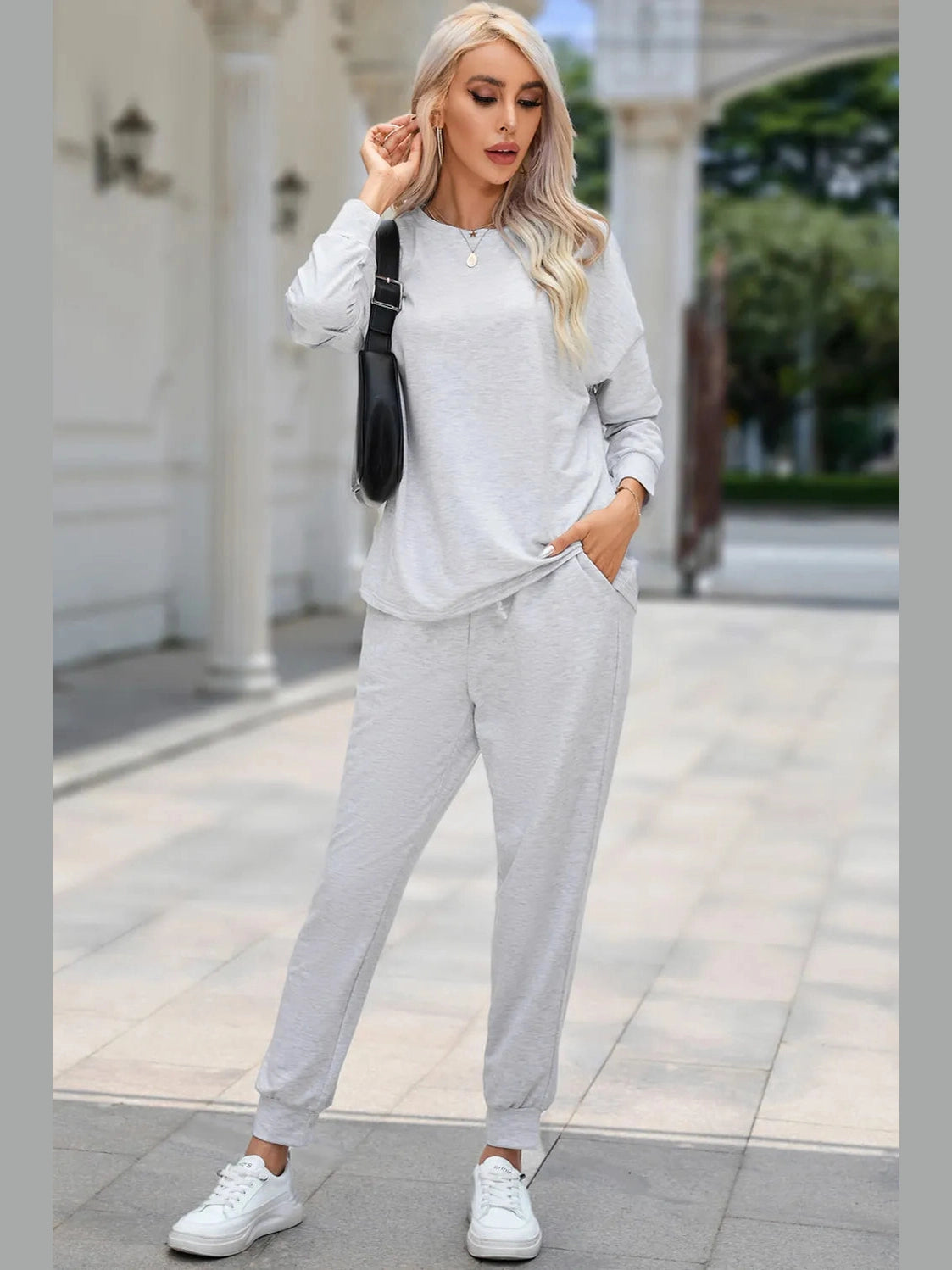 Round Neck Top and Drawstring Pants Lounge Set nicholesgifts