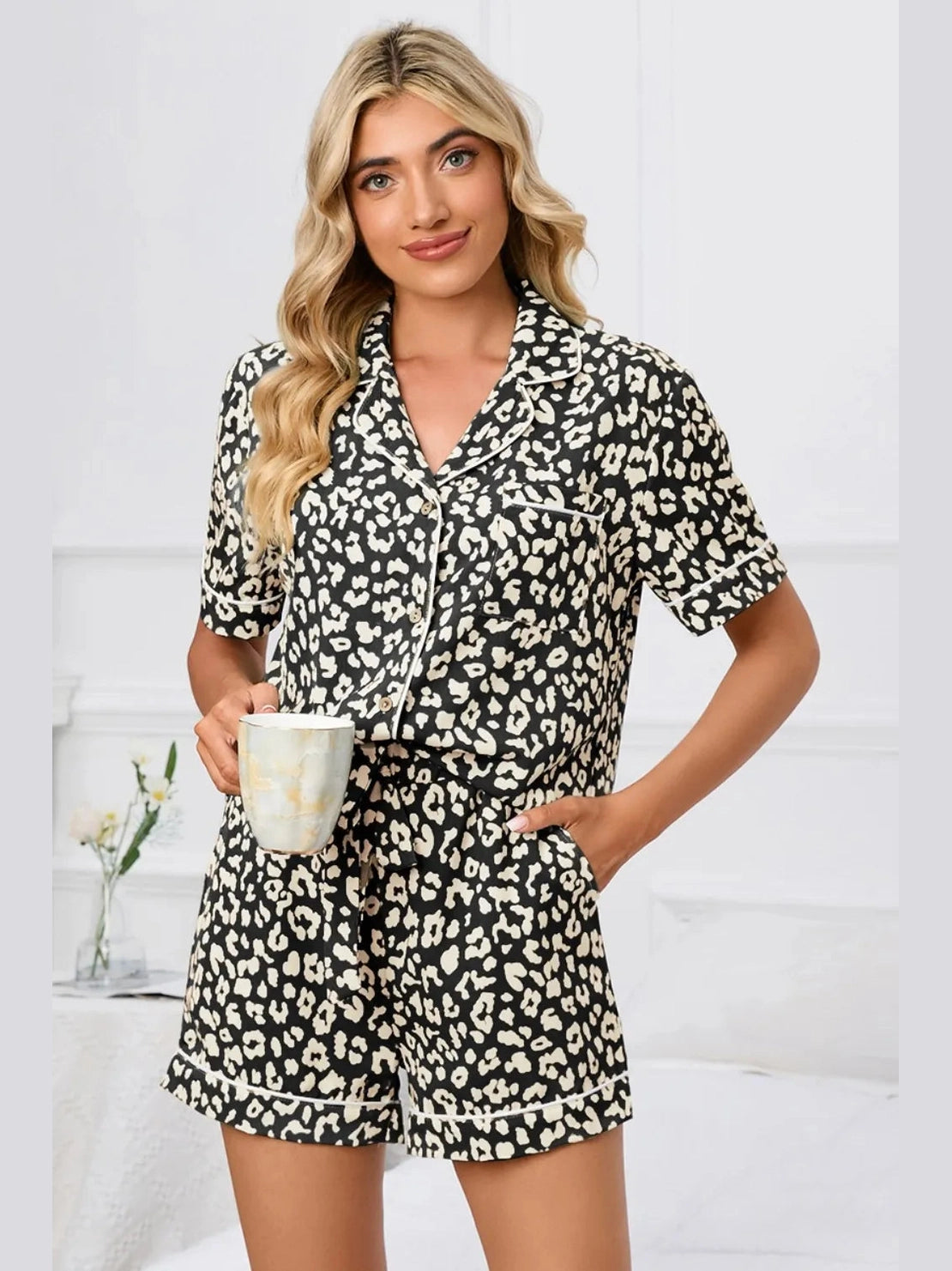 Full Size Leopard Short Sleeve Top and Shorts Lounge Set Plus Size nicholesgifts