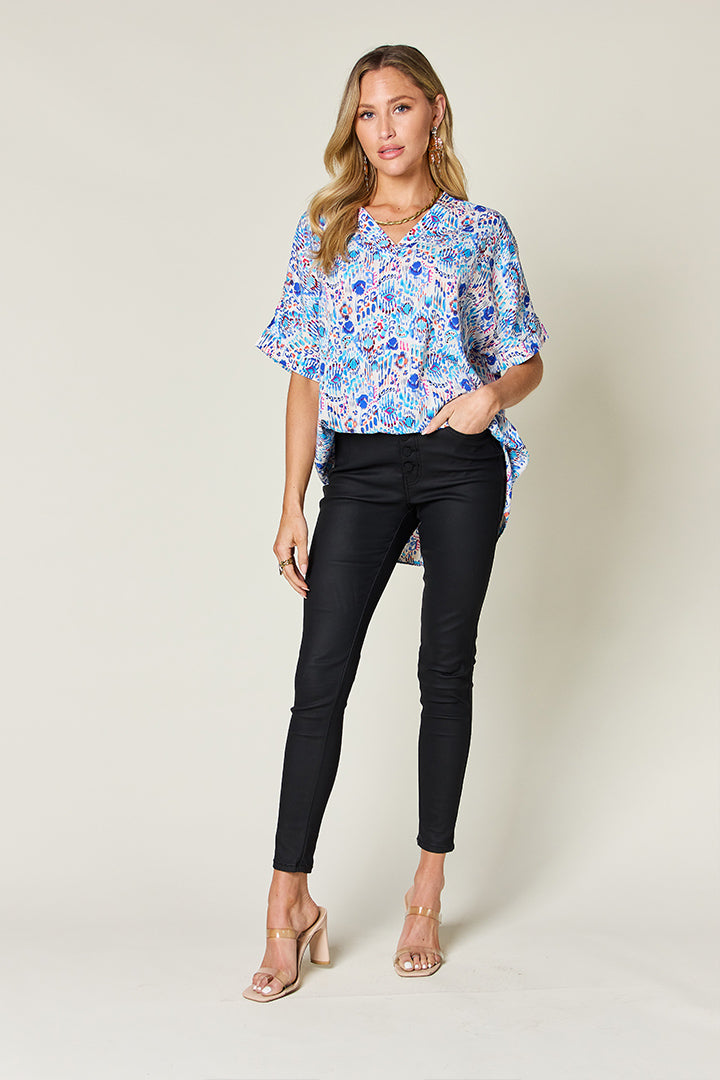 Double Take Full Size Printed V-Neck Short Sleeve Blouse nicholesgifts