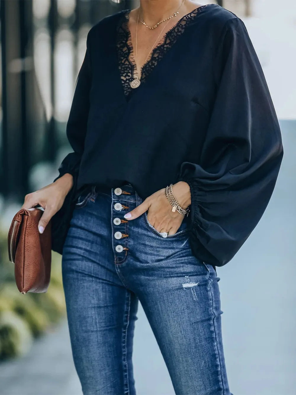 Lace Detail V-Neck Long Sleeve Blouse NicholesGifts