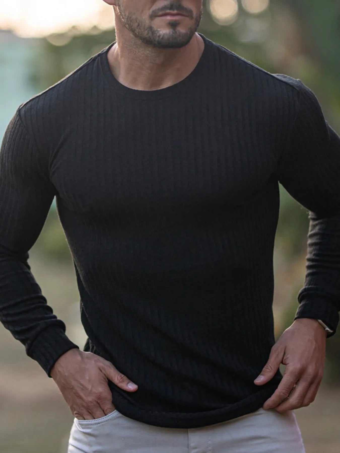 Men's Ribbed Round Neck Long Sleeve T-Shirt Trendsi