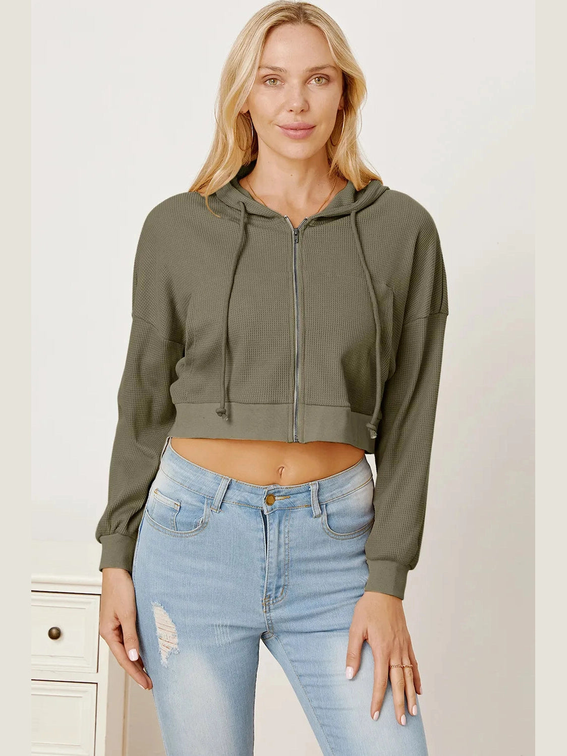 Waffle-Knit Drawstring Zip Up Hoodie Trendsi