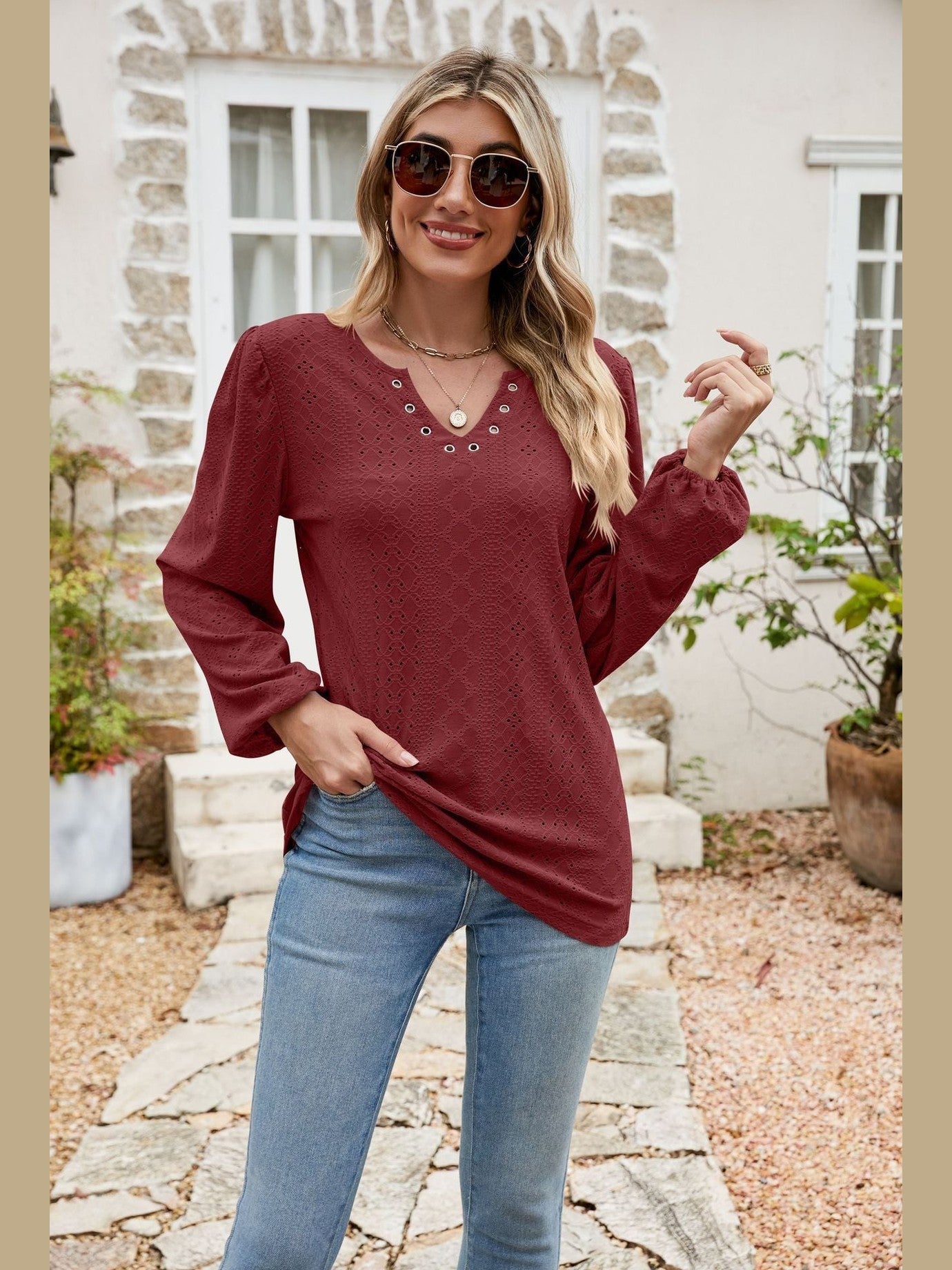 Eyelet Notched Neck Balloon Sleeve Blouse