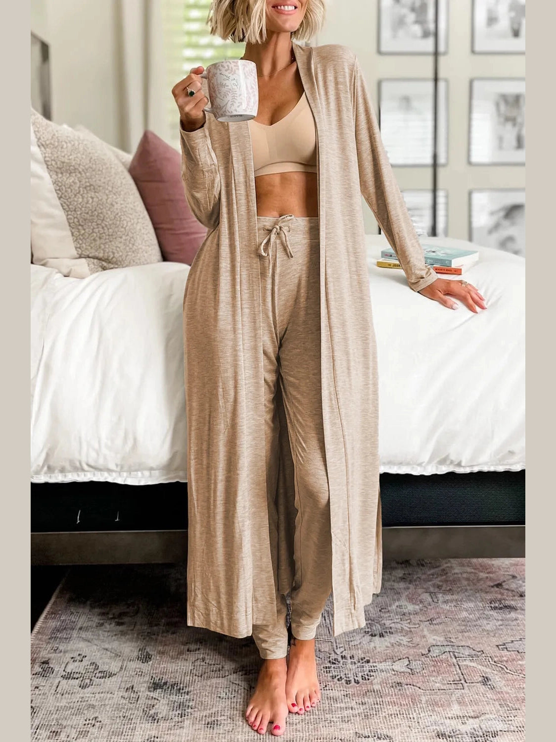 Open Front Long Sleeve Cardigan and Pants Lounge Set nicholesgifts